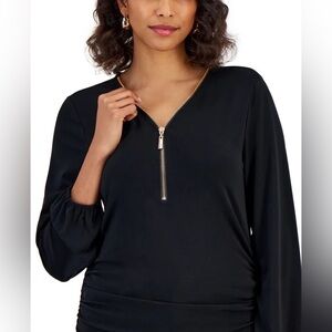 Jm Collection Women's Zip V-Neck Ruched Front Top NWOT